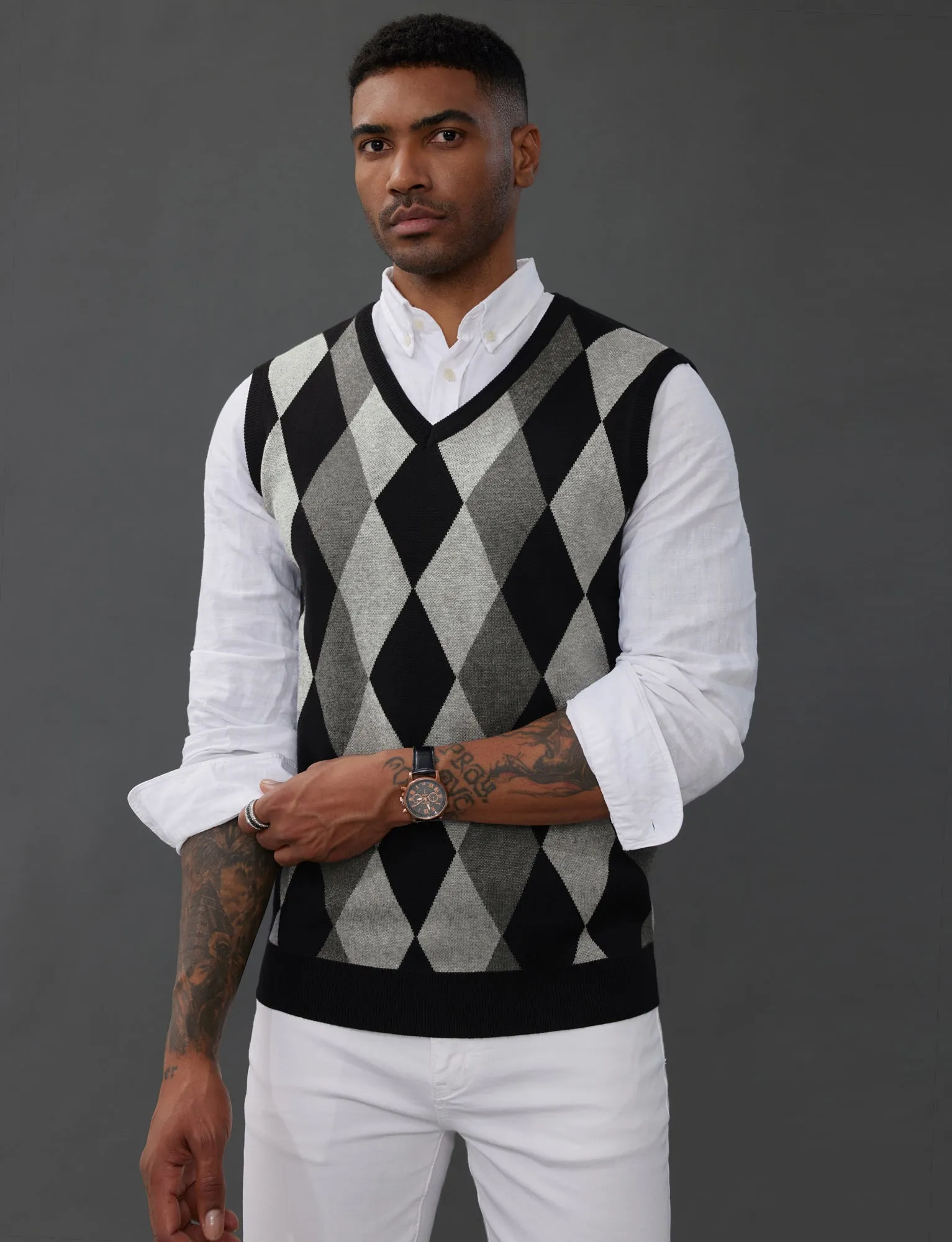 Men's Argyle Sweater Vest Knitted Casual V-Neck Pullover Vest sold by Paul Jones