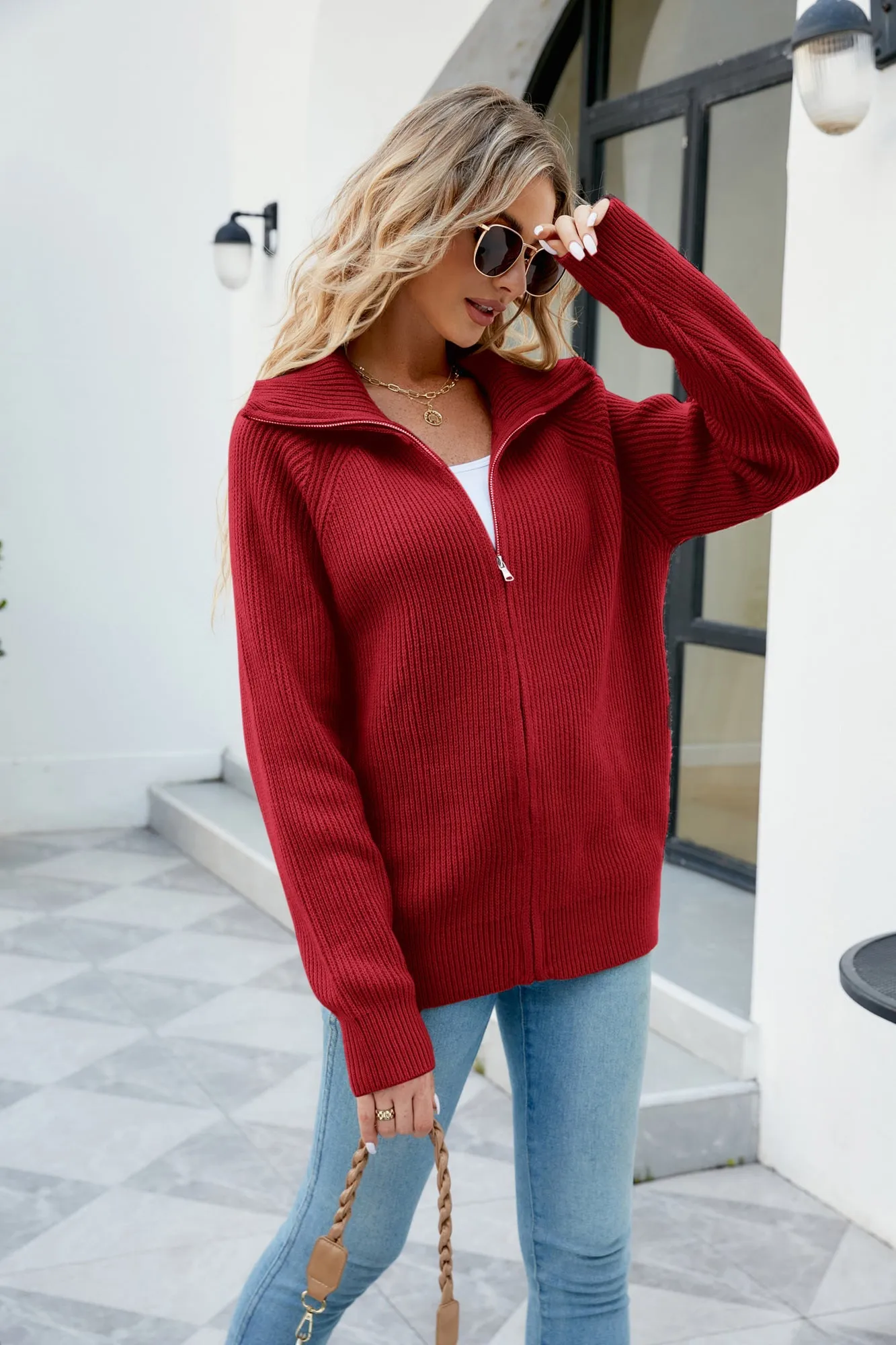 Full Zip Cardigan Sweaters Unisex Lapel Collar Raglan Sleeve Casual Ribbed Sweaters sold by Paul Jones