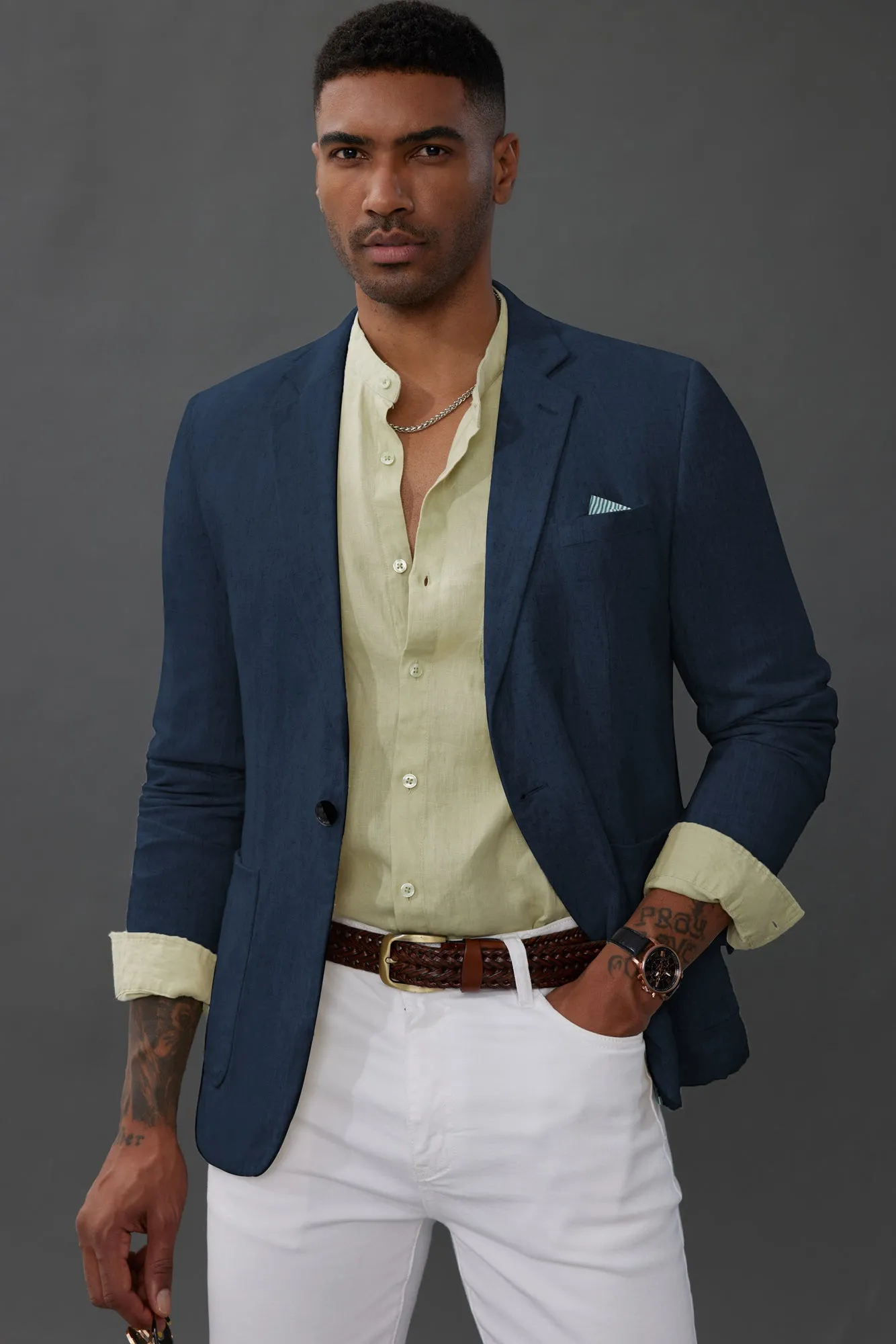 PJ Men's Casual Slim Fit Linen Jacket Lightweight Two Buttons Blazer Sporty Slim Fit Leisure Blazer sold by Paul Jones product image thumbnail 2