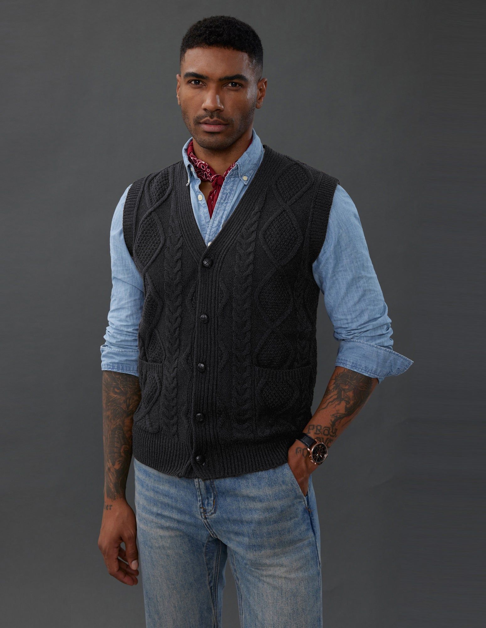 Mens Cable Knit Sweater Vest Button Down V Neck Slim Fit Leisure Sweater Vests Knitwear sold by Paul Jones product image thumbnail 2
