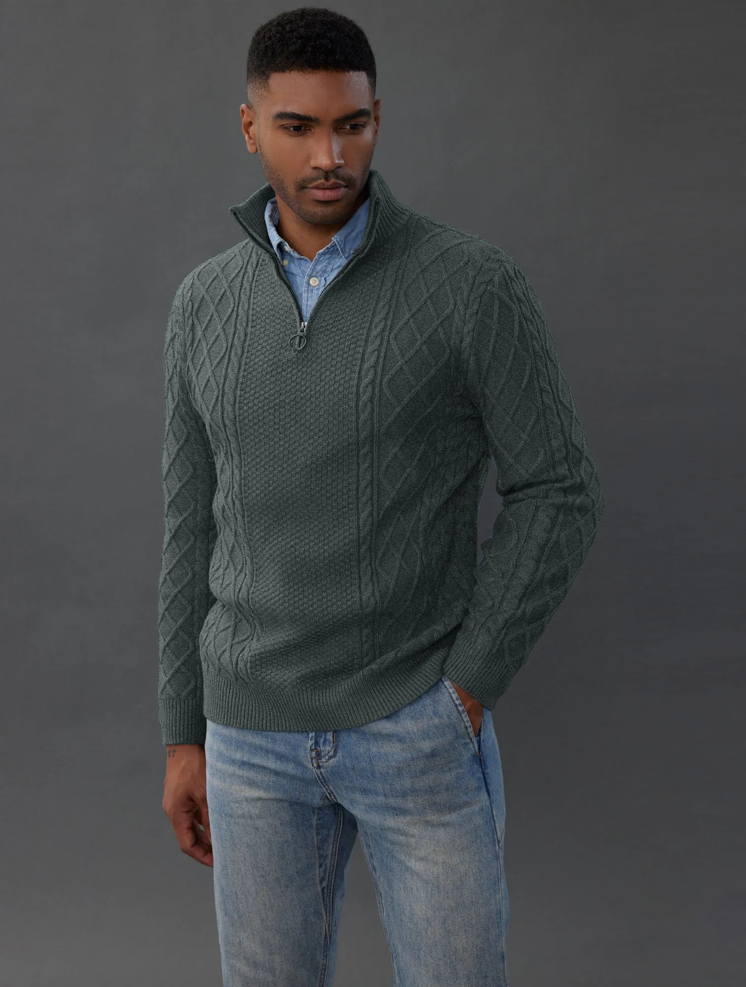Mens Casual Quarter-Zip Sweaters Cable Knit Thermal Pullover sold by Paul Jones