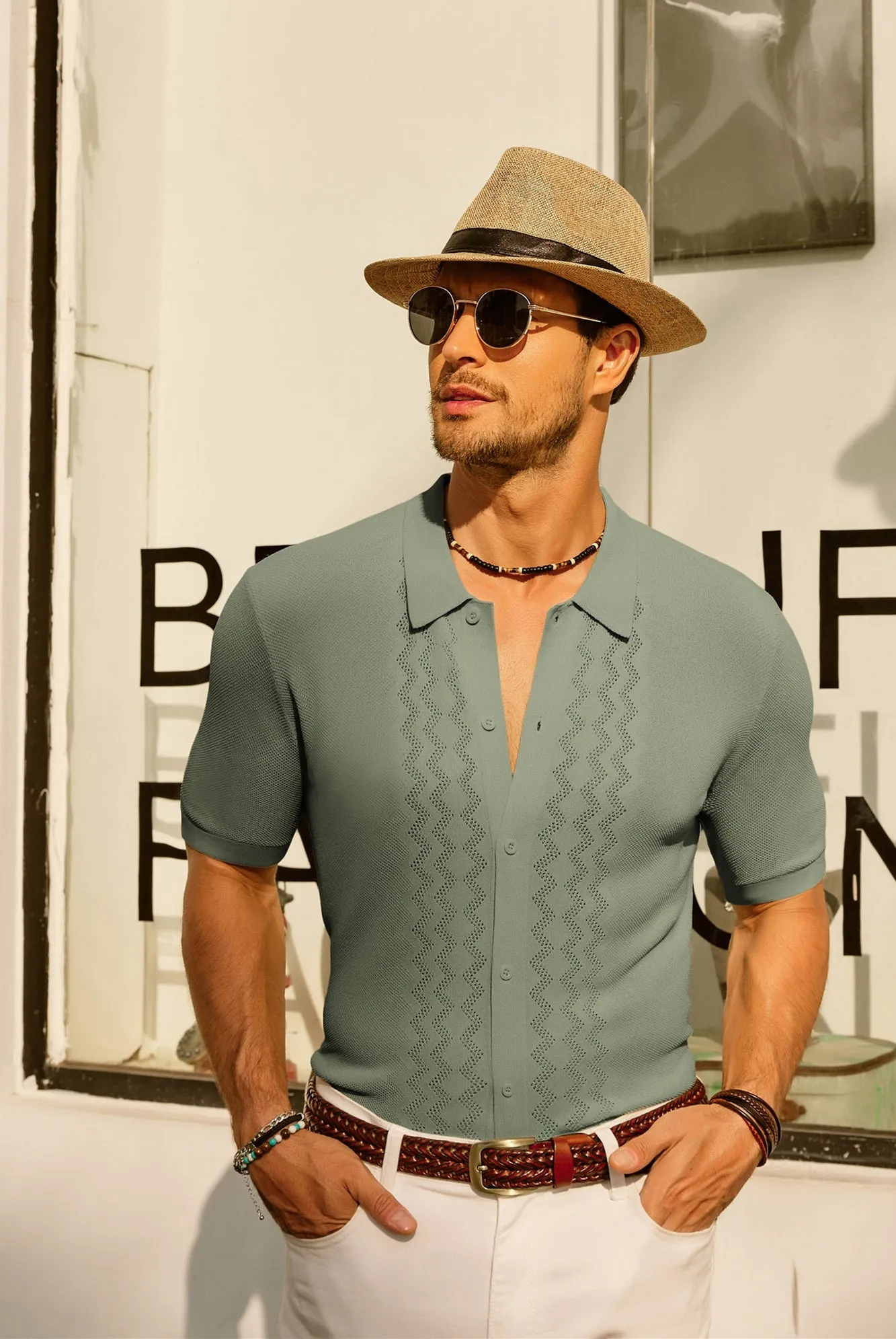 Men's Polo Shirts Breathable Knit Cardigans Shirts Vintage Knitted Shirt Short Sleeve Hollowed Out Casual Clothing sold by Paul Jones