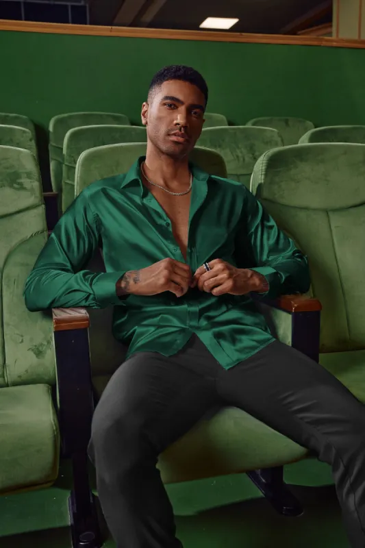 Men's Shiny Satin Dress Shirts Long Sleeve Button Down Silk Cardigans Shirt with Bow Tie sold by Paul Jones