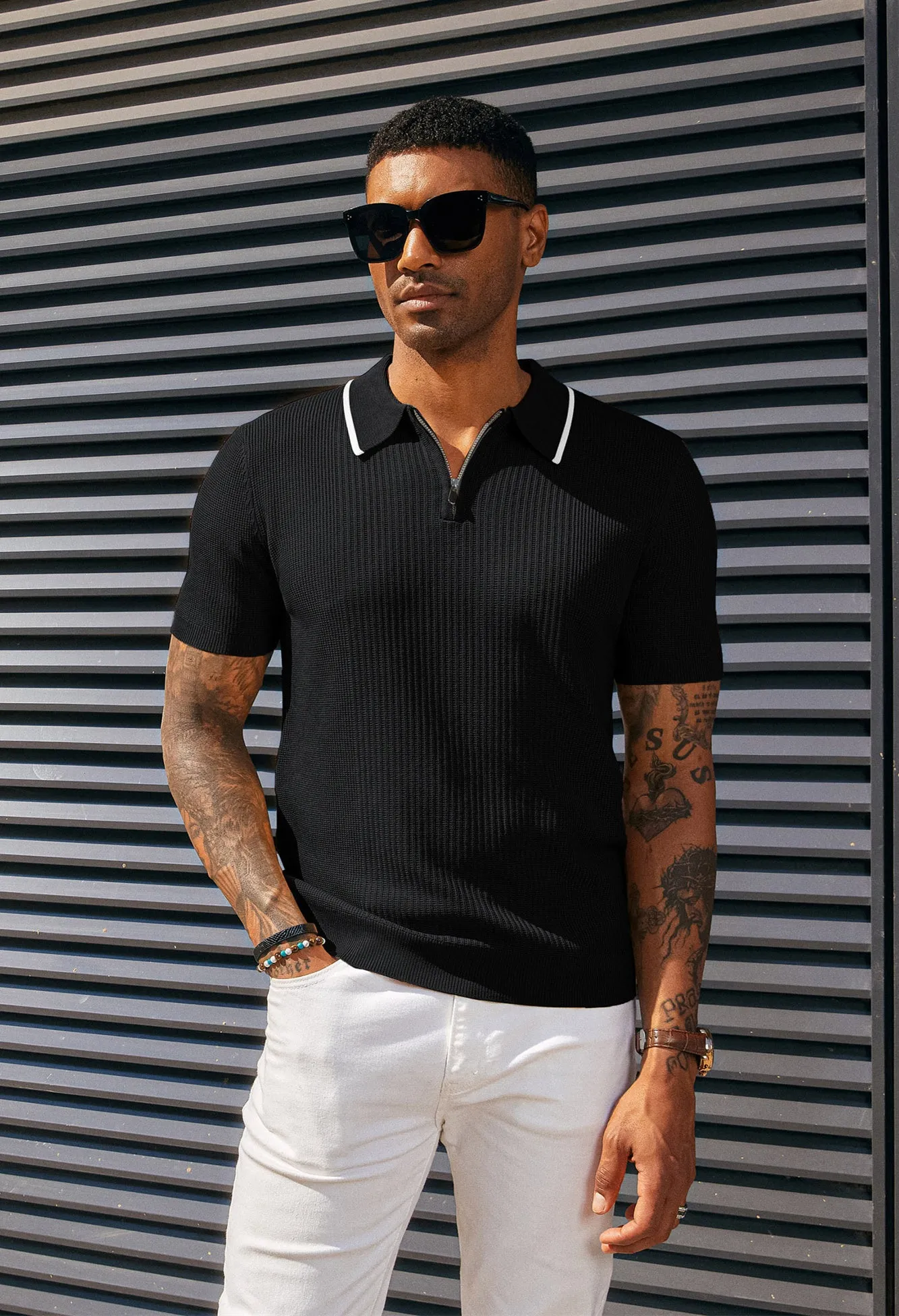 Men Stylish Lapel Collar Knitted Polo-Shirt Short Sleeve Zip-up Neck Knitwear sold by Paul Jones