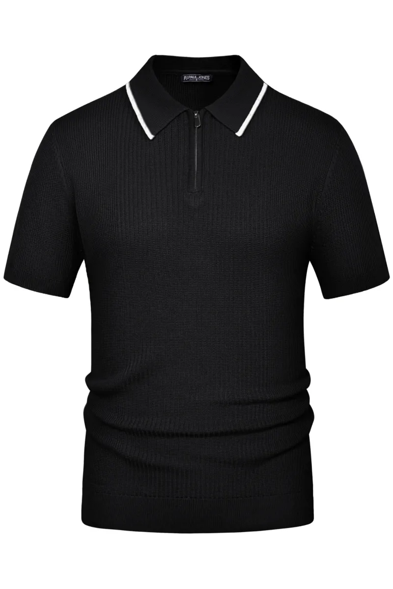 Men Stylish Lapel Collar Knitted Polo-Shirt Short Sleeve Zip-up Neck Knitwear sold by Paul Jones product image thumbnail 3