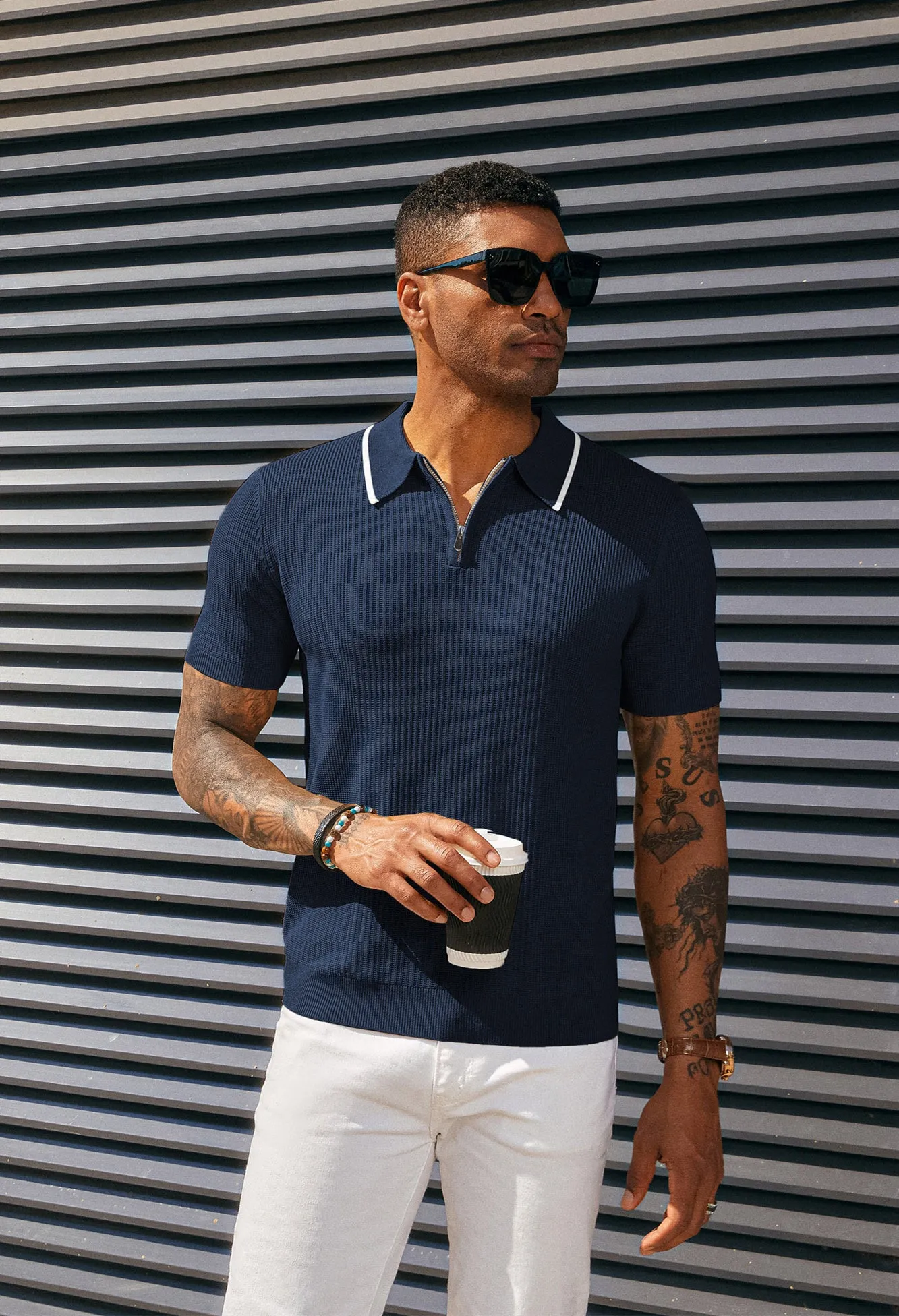 Men Stylish Lapel Collar Knitted Polo-Shirt Short Sleeve Zip-up Neck Knitwear sold by Paul Jones product image thumbnail 2