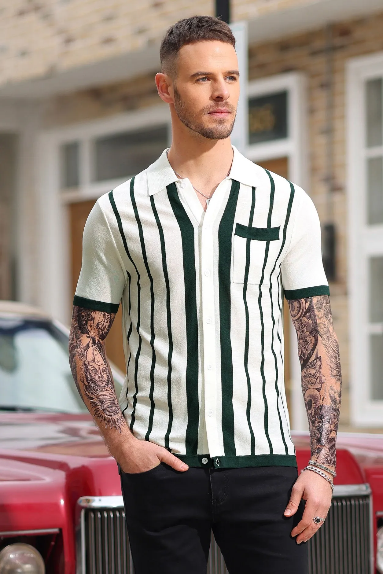 Mens Polo Shirts Vintage Striped Button Down Knitted Golf Cardigans Shirts sold by Paul Jones product image thumbnail 2