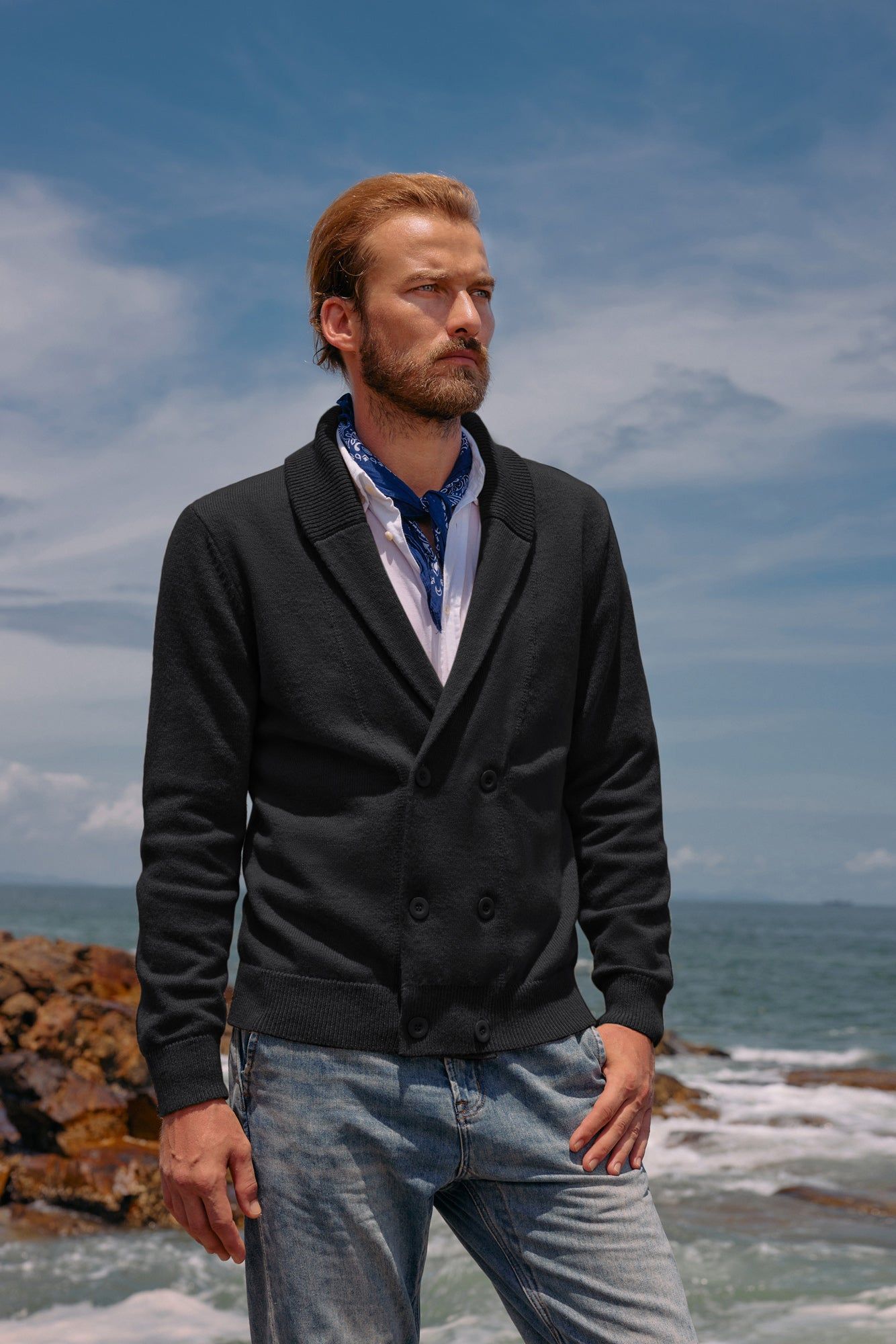 Men's Shawl Collar Cardigan Sweater Double Breasted Slim Fit Knitted Sweater sold by Paul Jones