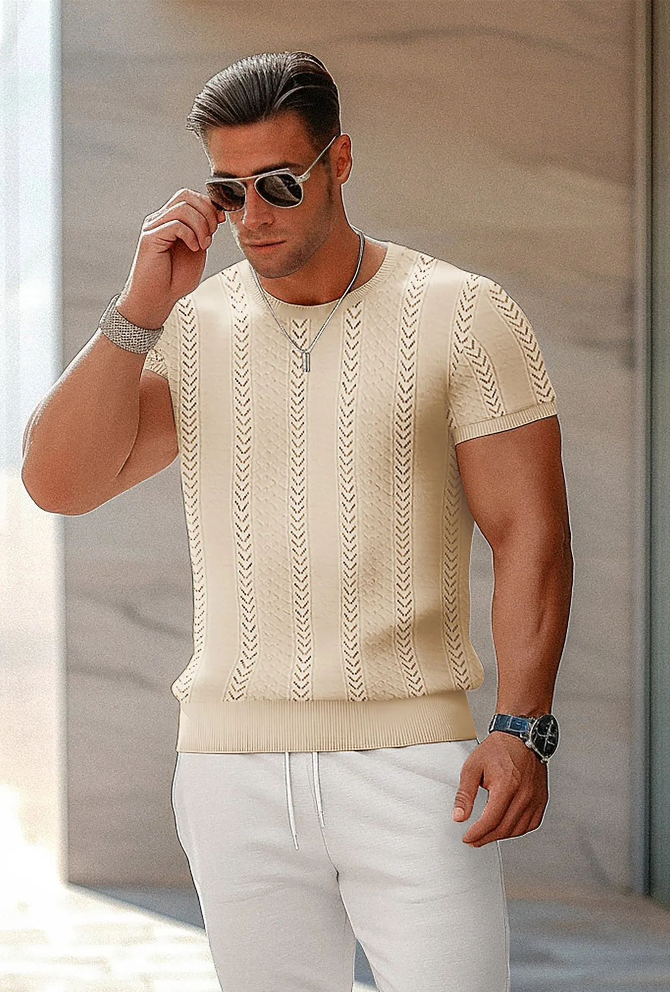 Men's Casual Knit Short Sleeve Crewneck Hollow Out Knitted Pullover T-Shirts sold by Paul Jones product image thumbnail 5