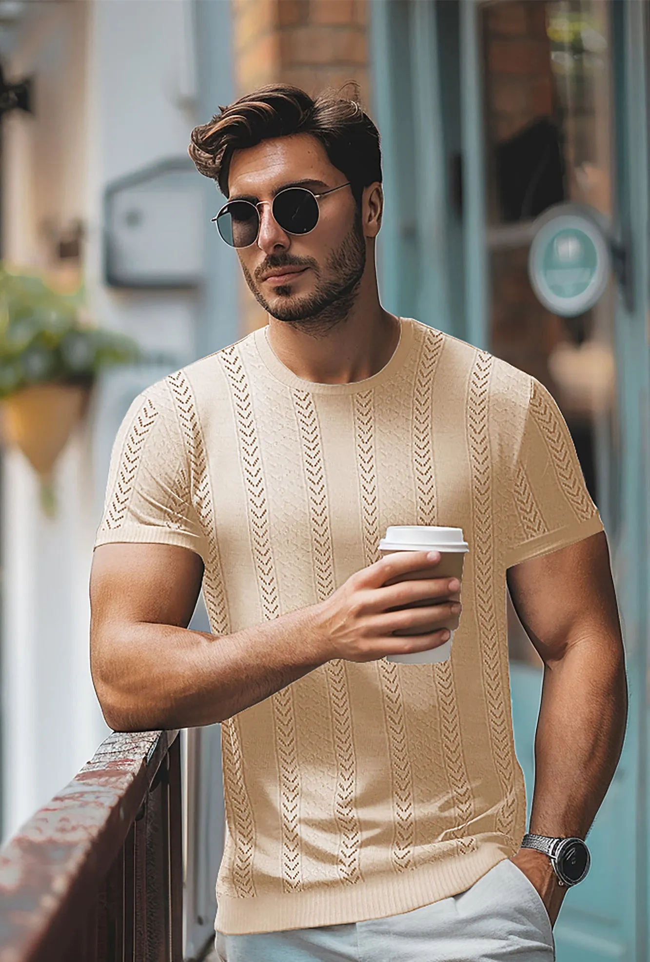 Men's Casual Knit Short Sleeve Crewneck Hollow Out Knitted Pullover T-Shirts sold by Paul Jones product image thumbnail 4
