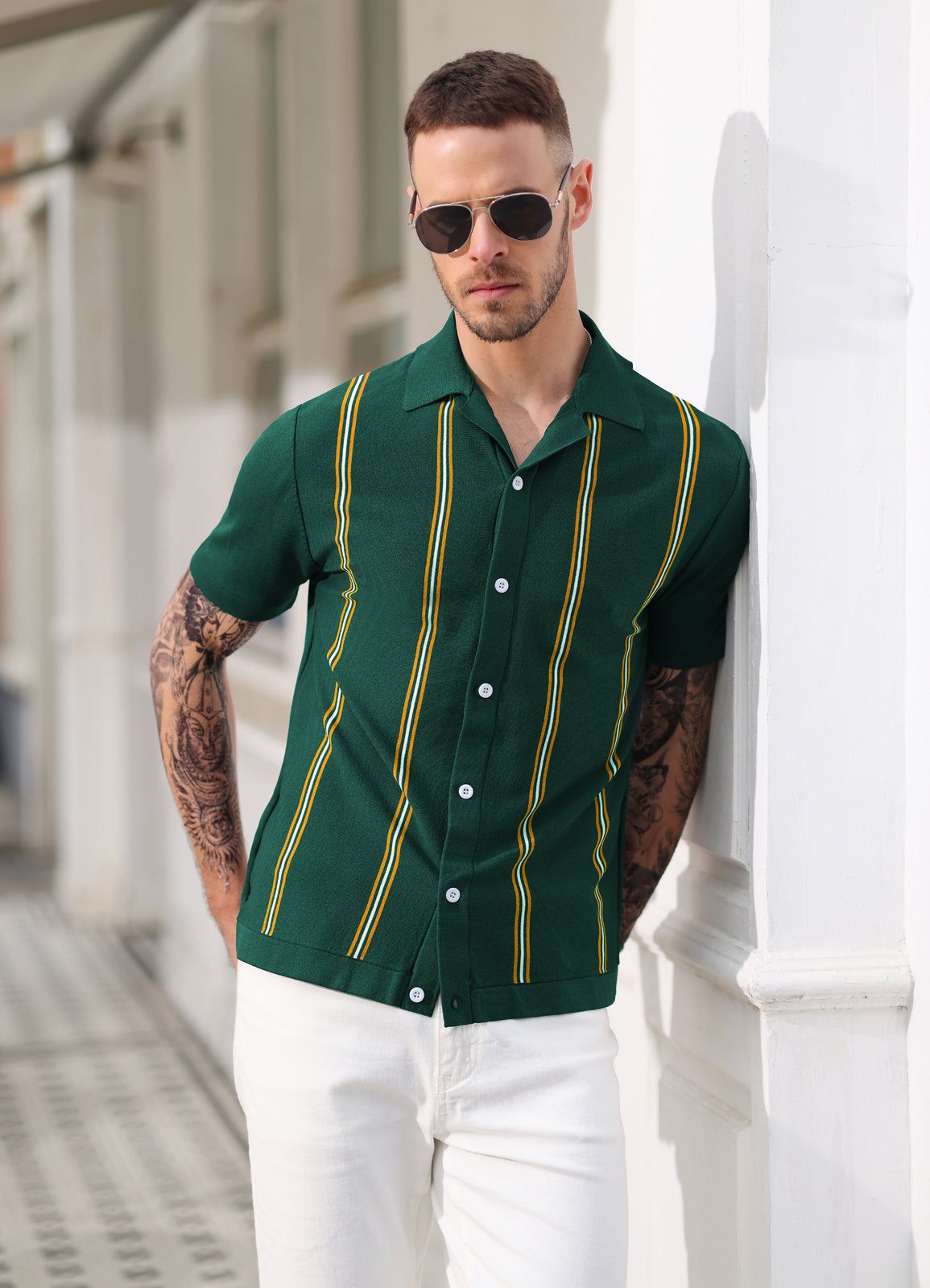 Men's Vintage Striped Polo Cardigans Shirts Casual Short Sleeve Knitwear sold by Paul Jones