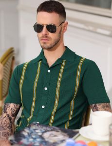 Men's Vintage Striped Polo Cardigans Shirts Casual Short Sleeve Knitwear sold by Paul Jones