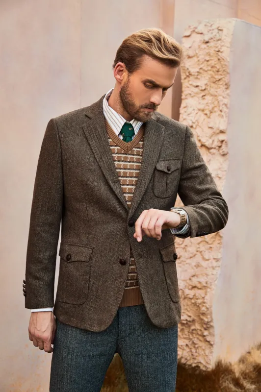 Men Herring Bone Textured Blazer Coat Notch Lapel Two-Button Coat and pant made by Paul Jones