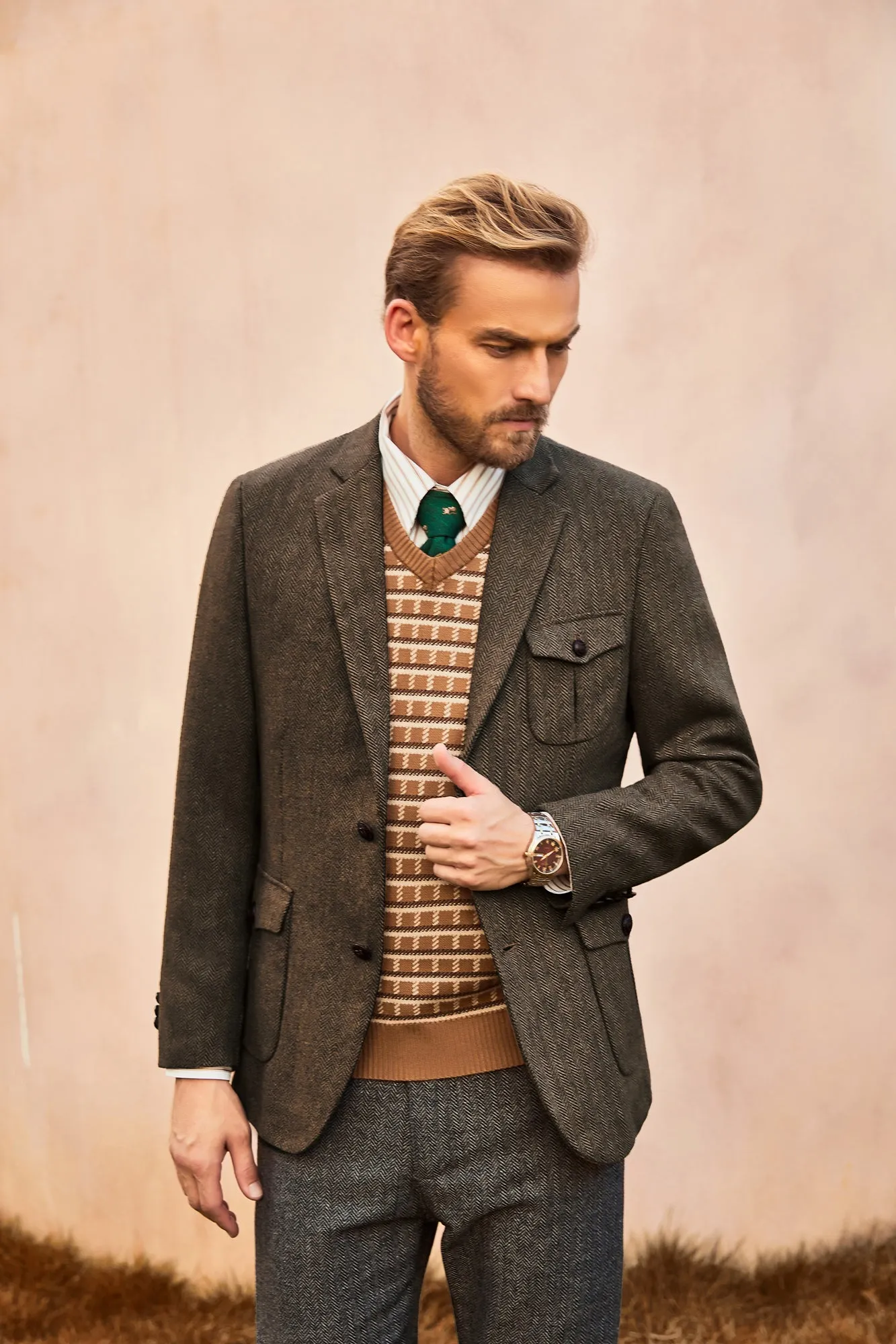 Men Herring Bone Textured Blazer Coat Notch Lapel Two-Button Coat and pant sold by Paul Jones product image thumbnail 5