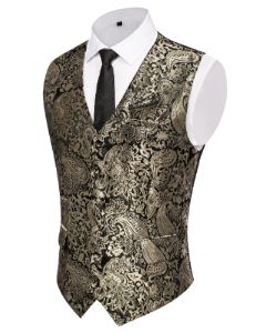 Mens Vests Paisley Floral Jacquard Necktie Pocket Square Cufflinks 4PCS Suit Vests Set for Tuxedo Wedding sold by Paul Jones