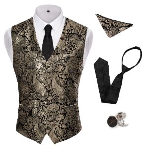 Mens Vests Paisley Floral Jacquard Necktie Pocket Square Cufflinks 4PCS Suit Vests Set for Tuxedo Wedding sold by Paul Jones