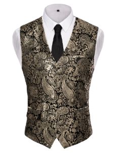 Mens Vests Paisley Floral Jacquard Necktie Pocket Square Cufflinks 4PCS Suit Vests Set for Tuxedo Wedding sold by Paul Jones