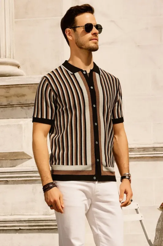 Men's Striped Polo Shirts Breathable Knit Shirt 70s Vintage Cardigans Shirt Short Sleeve Button Down Clothing sold by Paul Jones