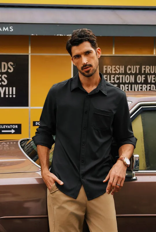 Men Curved Hem Shirt Casual Long Sleeve Classic Collar Button-up Tops sold by Paul Jones