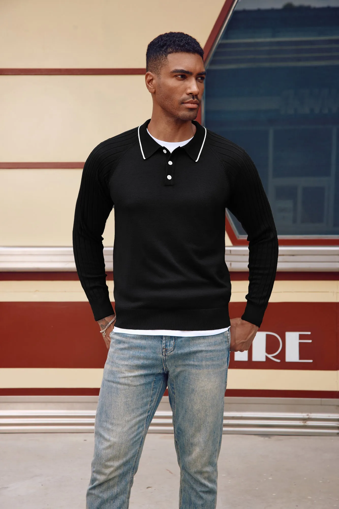 Men's Pullover Sweater Casual Raglan Sleeves Knit Polo Sweater sold by Paul Jones