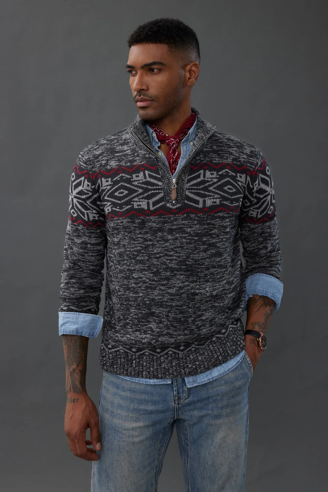 Men's Sweater Mock Neck Sweater Fair Isle Pattern Pullover Casual Sweater sold by Paul Jones