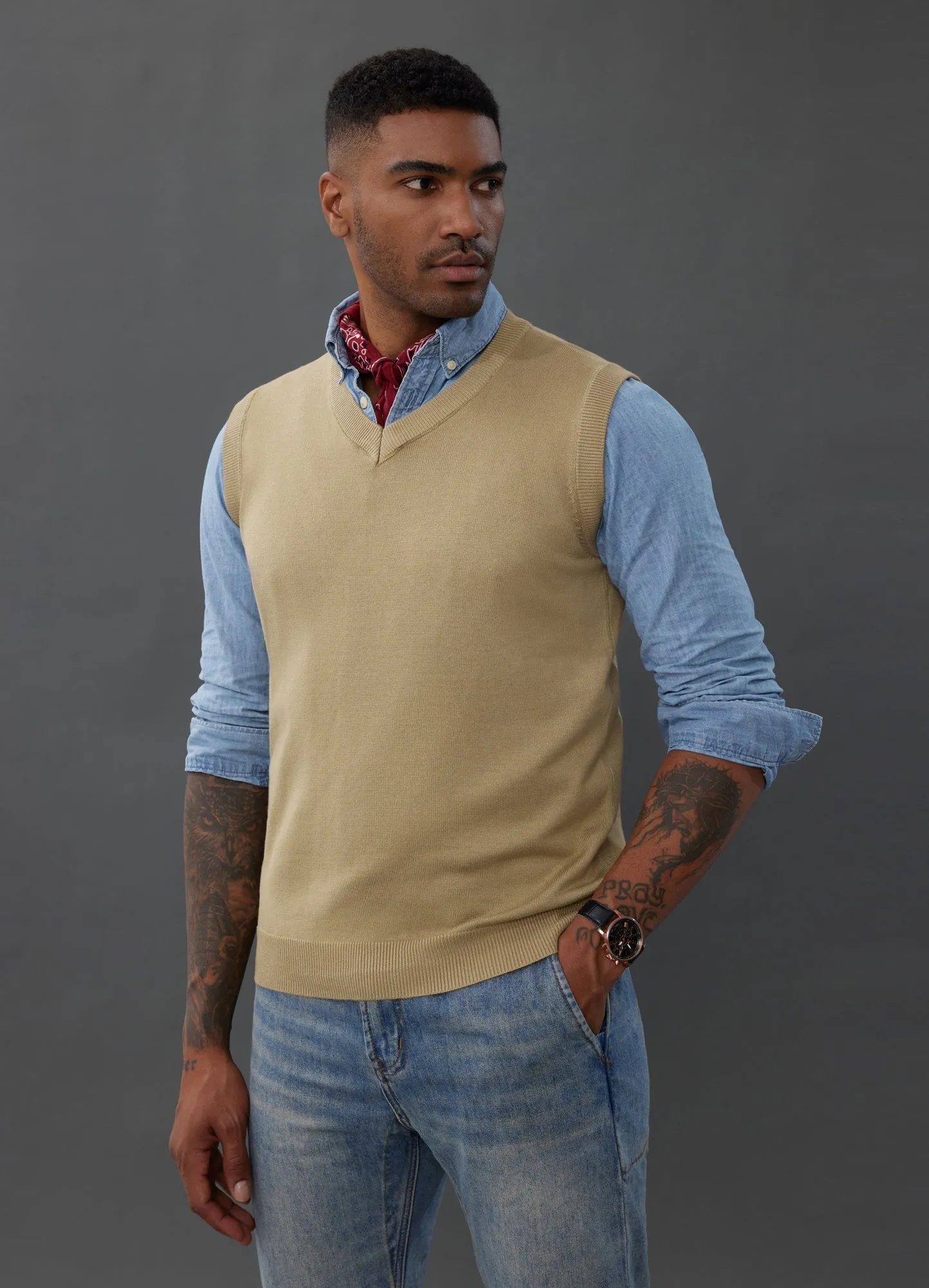Mens V-Neck Knitted Sweater Vest Solid Plain Sleeveless Pullover Knitwear sold by Paul Jones