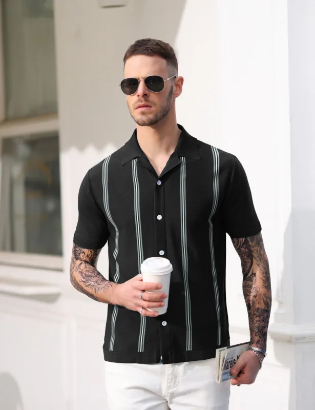 Men's Vintage Striped Polo Cardigans Shirts Casual Short Sleeve Knitwear Black sold by Paul Jones