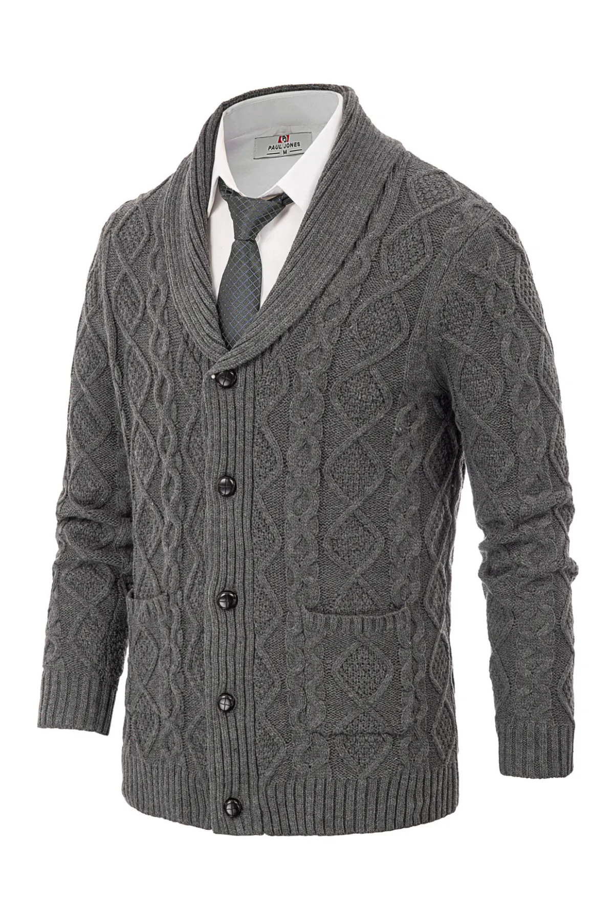 Men's Shawl Collar Cardigan Sweaters Cable Knitted Aran Sweater with Buttons sold by Paul Jones product image thumbnail 4