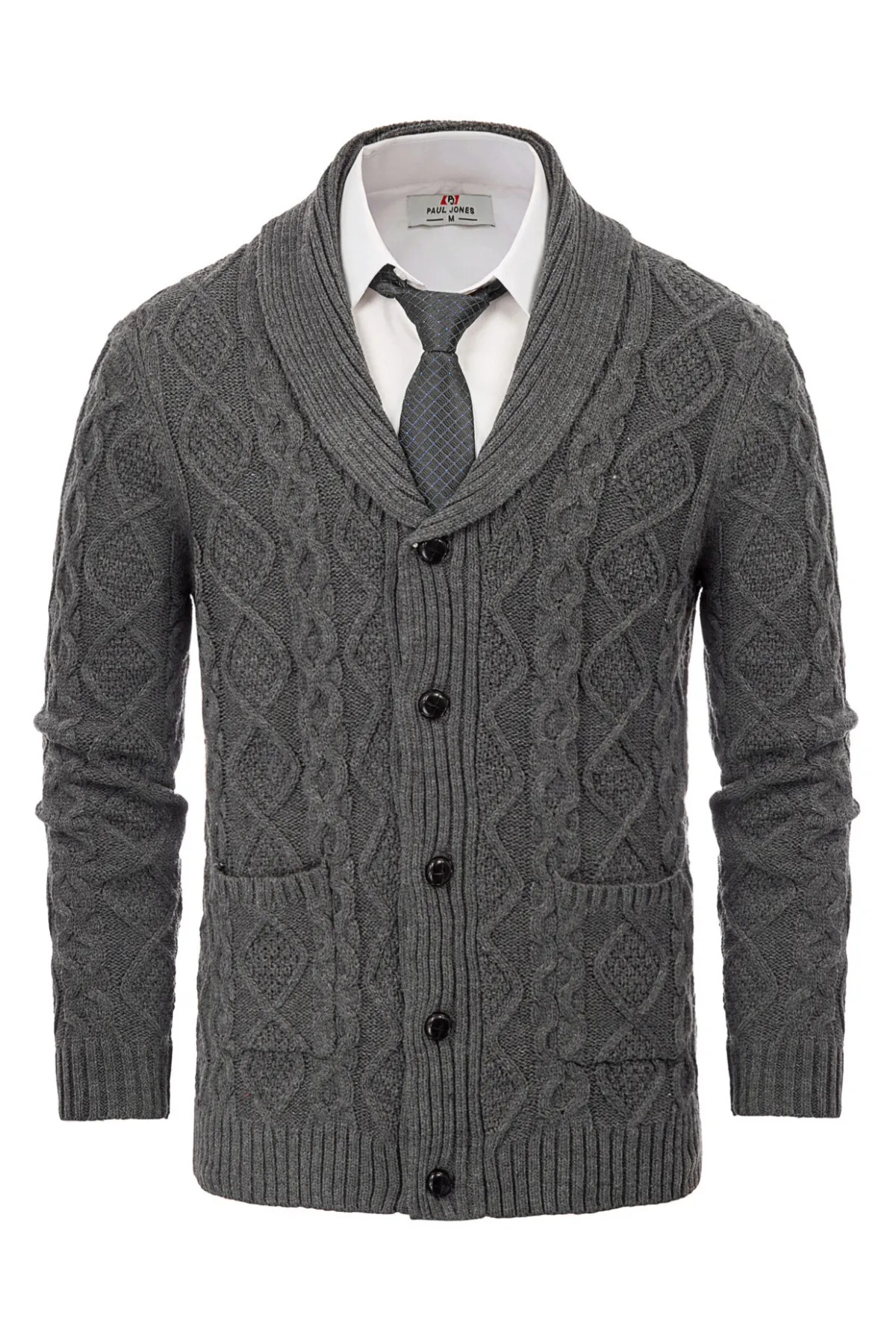 Men's Shawl Collar Cardigan Sweaters Cable Knitted Aran Sweater with Buttons sold by Paul Jones product image thumbnail 3