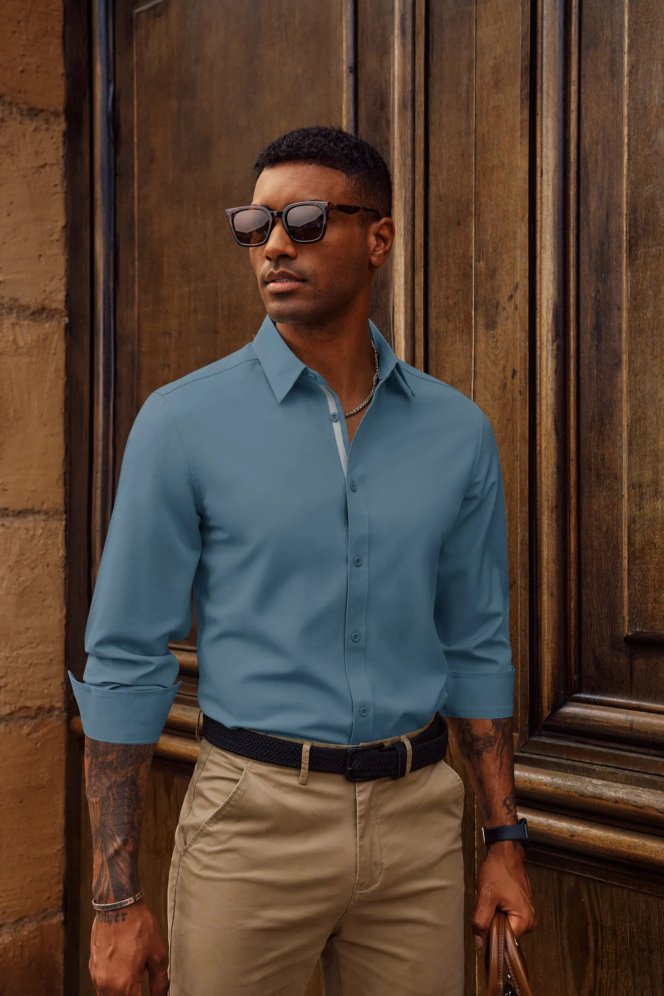 Men Classic Collar Shirt Casual Long Sleeve Curved Hem Button-up Tops sold by Paul Jones product image thumbnail 2