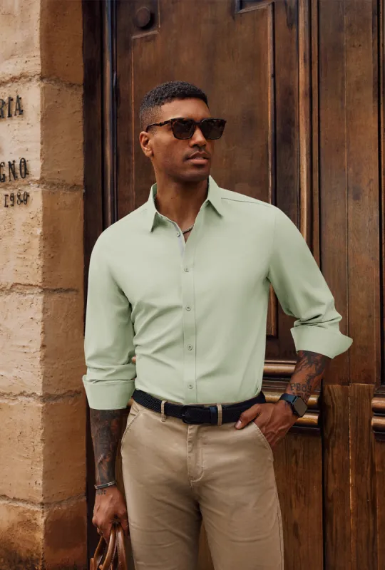 Men Classic Collar Shirt Casual Long Sleeve Curved Hem Button-up Tops sold by Paul Jones