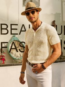Mens Knit Polo Shirts Short Sleeve Button Down Knitted Breathable Cardigans Shirts sold by Paul Jones
