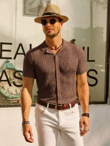Mens Knit Polo Shirts Short Sleeve Button Down Knitted Breathable Cardigans Shirts sold by Paul Jones