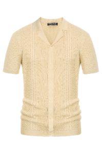 Mens Knit Polo Shirts Short Sleeve Button Down Knitted Breathable Cardigans Shirts sold by Paul Jones