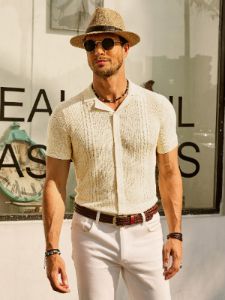 Mens Knit Polo Shirts Short Sleeve Button Down Knitted Breathable Cardigans Shirts sold by Paul Jones