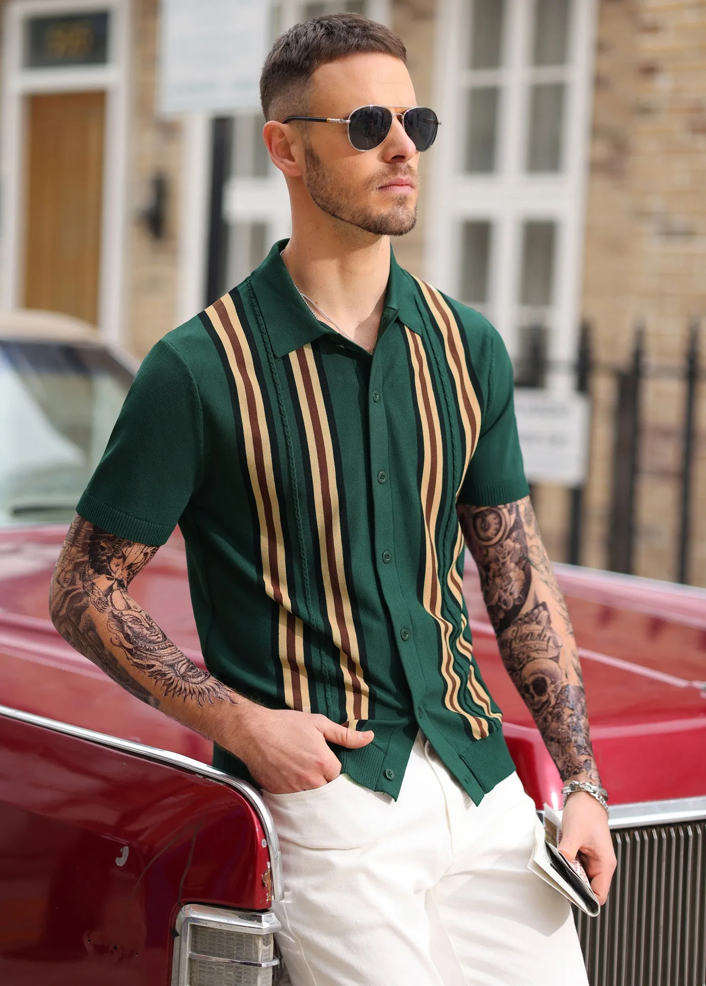 Mens Polo Shirts Vintage Striped Button Down Knitted Golf Cardigans Shirts sold by Paul Jones product image thumbnail 2