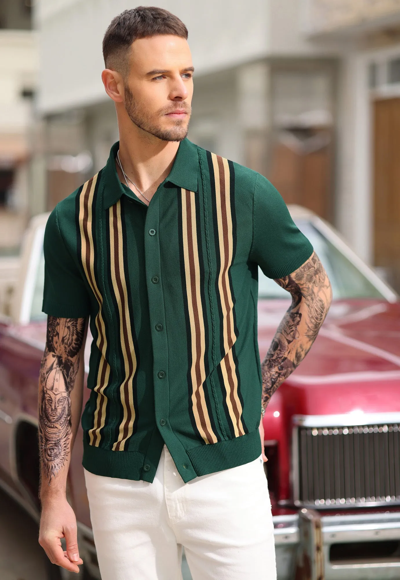 Mens Polo Shirts Vintage Striped Button Down Knitted Golf Cardigans Shirts sold by Paul Jones