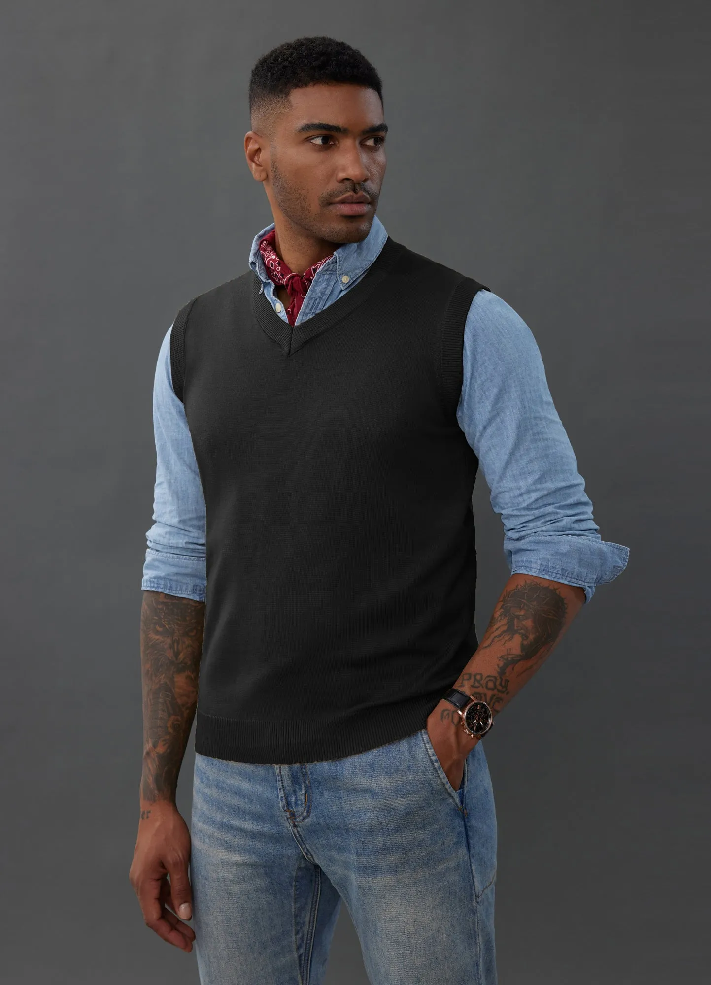 Mens V-Neck Knitted Sweater Vest Solid Plain Sleeveless Pullover Knitwear sold by Paul Jones