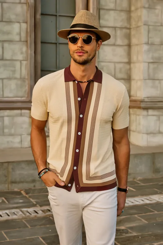 Men's Vintage Stripe Knit Polo Shirts Short Sleeve Stylish Button Down Cardigan Sweater sold by Paul Jones