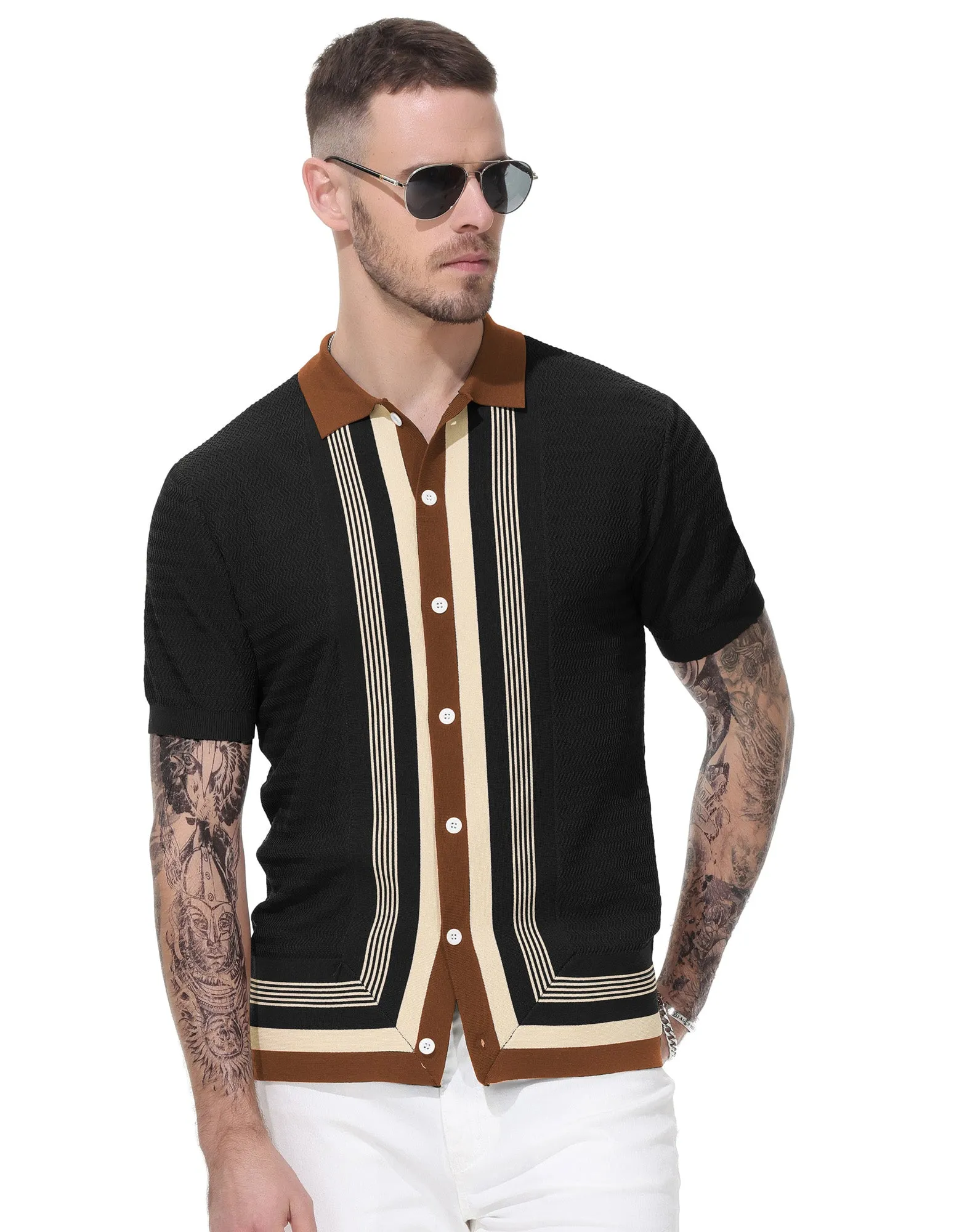 Men's Vintage Stripe Knit Polo Shirts Short Sleeve Stylish Button Down Cardigan Sweater sold by Paul Jones product image thumbnail 5