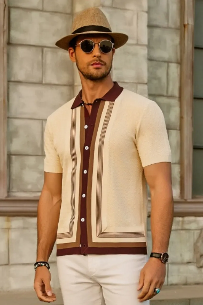Men's Vintage Stripe Knit Polo Shirts Short Sleeve Stylish Button Down Cardigan Sweater sold by Paul Jones product image thumbnail 2