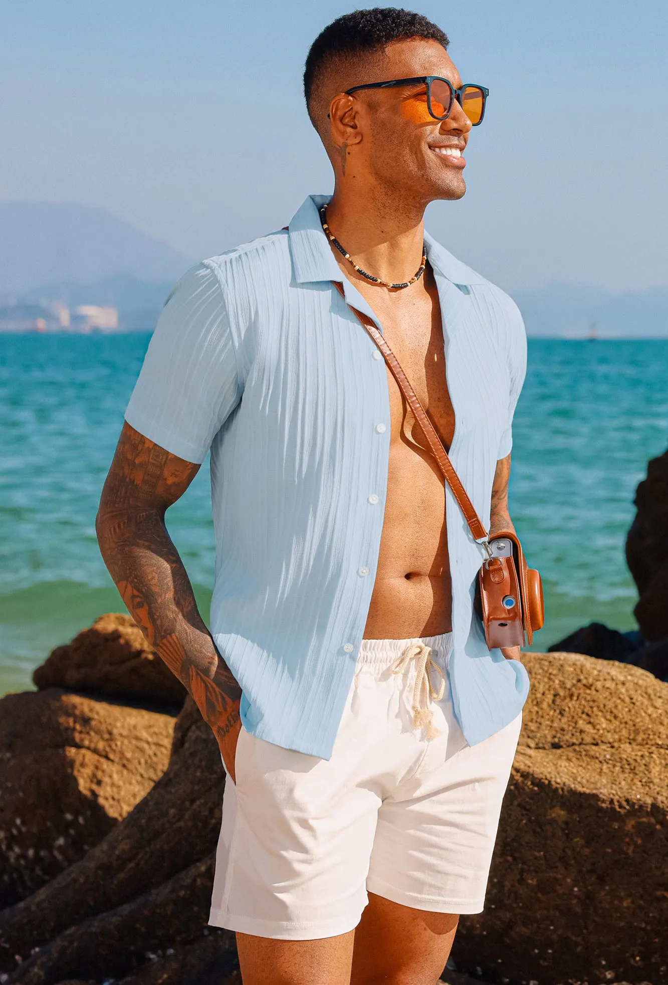 Men's Casual Button Down Shirts Short Sleeve Summer Shirts Wrinkle-Free Shirts Textured Beach Shirts sold by Paul Jones