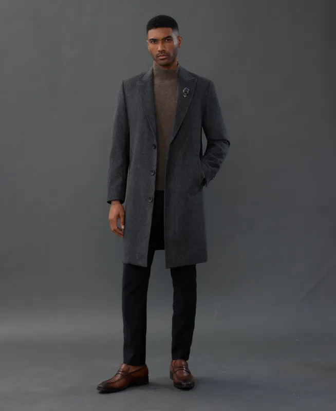 Men's Herringbone Wool Blend Long Overcoat Pea Coat with Brooch sold by Paul Jones