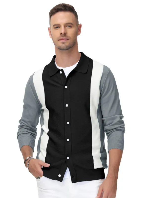 Men's Contrast Stripes Cardigan Sweater Button Down Knit Polo Knitwear sold by Paul Jones