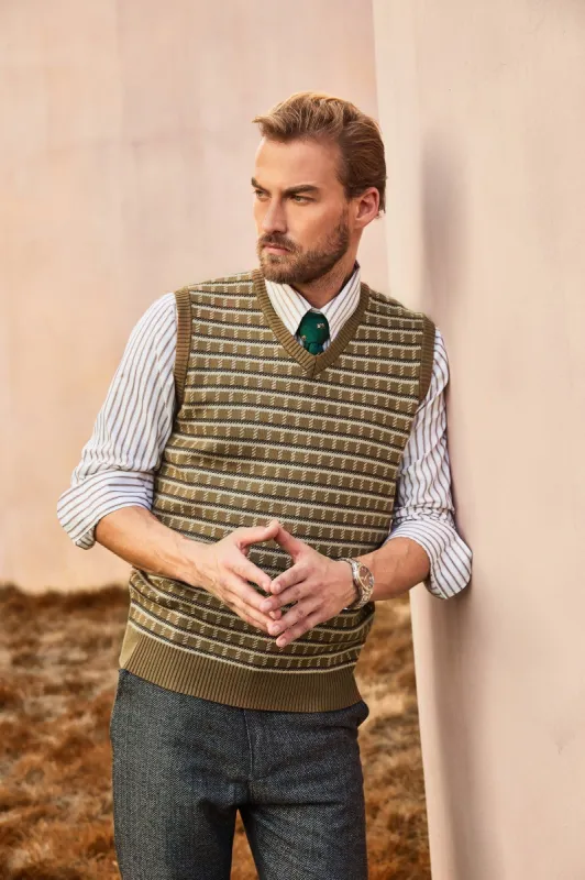 Men's Sweater Vest V-Neck Sleeveless Vintage Check Pattern Contrast Pullover Casual Vest made by Paul Jones