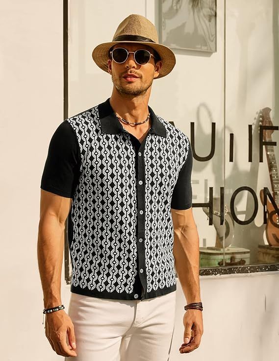 PJ PAUL JONES Herren Kurzarm 70er Jahre Polo Cardigans Shirt Vintage Contrast Gestrickte Polohemd sold by Paul Jones product image thumbnail 5