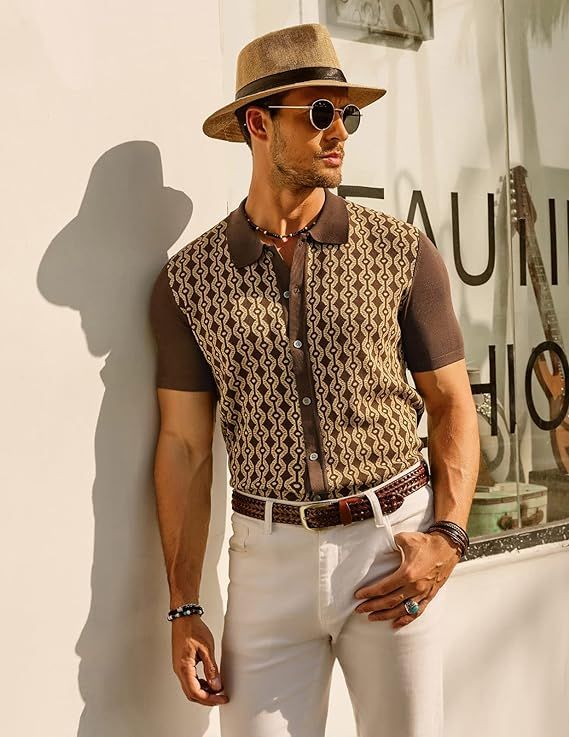 PJ PAUL JONES Herren Kurzarm 70er Jahre Polo Cardigans Shirt Vintage Contrast Gestrickte Polohemd sold by Paul Jones product image thumbnail 2