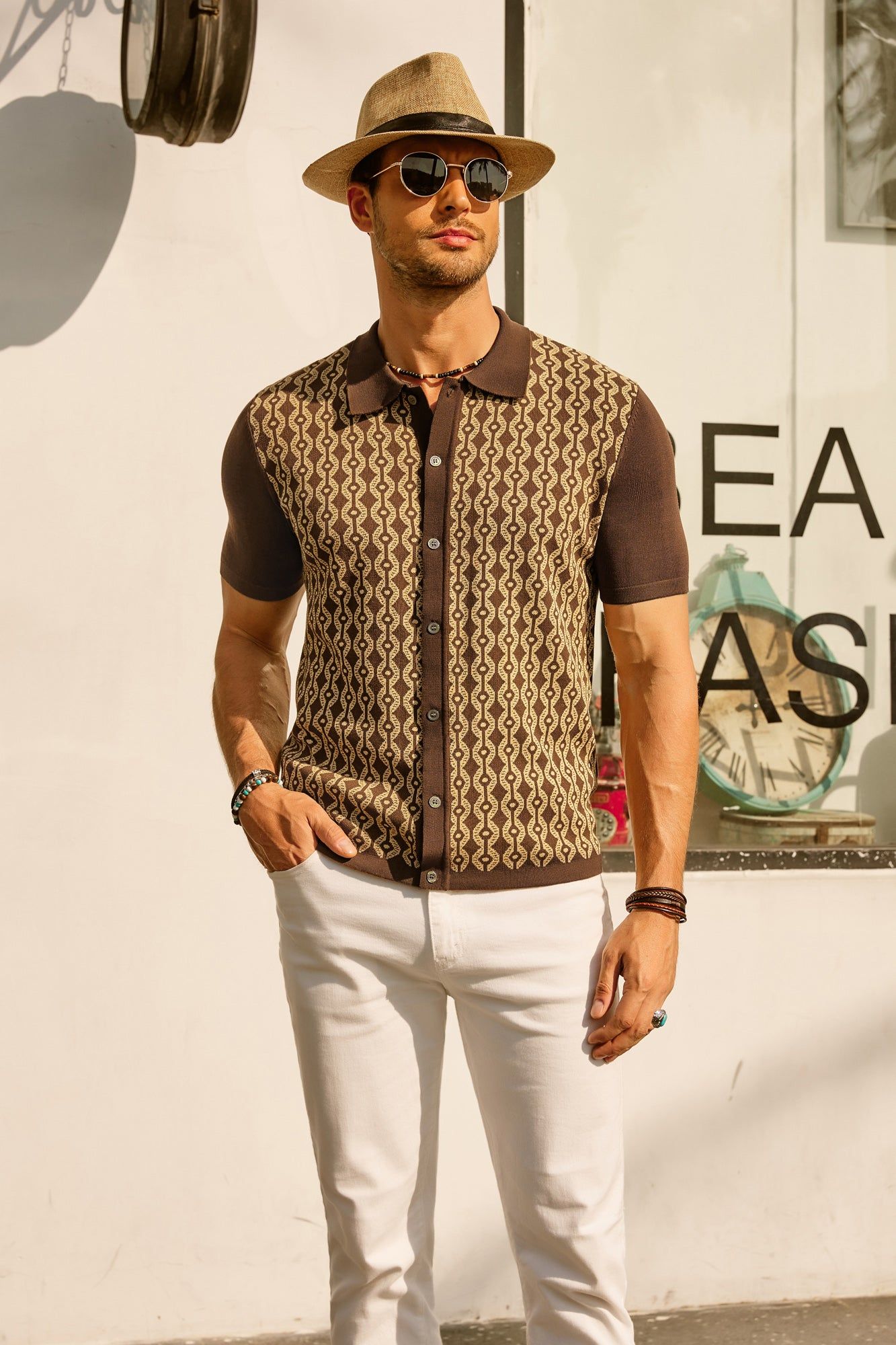 PJ PAUL JONES Herren Kurzarm 70er Jahre Polo Cardigans Shirt Vintage Contrast Gestrickte Polohemd sold by Paul Jones