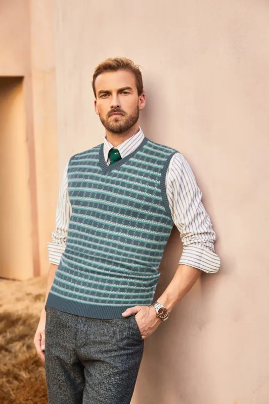 Men's Sweater Vest V-Neck Sleeveless Vintage Check Pattern Contrast Pullover Casual Vest sold by Paul Jones