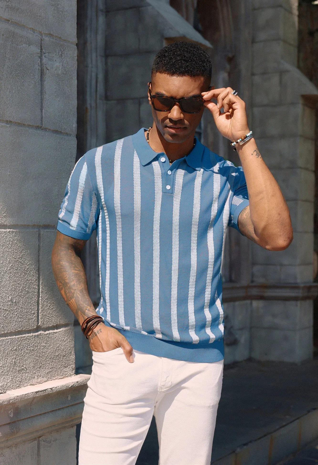 Men's Knit Polo Pullover Shirts Lightweight Short Sleeve Vintage Striped Golf Shirts sold by Paul Jones